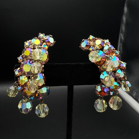 Jewelry - Vintage Earlobe Aurora Borealis Cluster Clip‎ On Earrings Rhinestone Runway